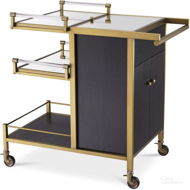 The appearance of Trolley Eiffel Brushed Brass Finish designed by Eichholtz in the modern / contemporary interior design. This brass piece of furniture  was selected by 1StopBedrooms from Eiffel Collection to add a touch of cosiness and style into your home. Sku: 114009A;114009B. Product Type: Decorative Accessory. Image1