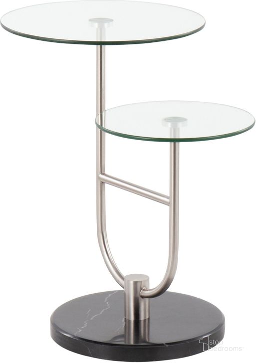 The appearance of Trombone Glam Side Table In Black Marble, Nickel And Clear Glass designed by Lumisource in the transitional interior design. This black piece of furniture  was selected by 1StopBedrooms from Trombone Collection to add a touch of cosiness and style into your home. Sku: TB-TROMBONE BKMBNIGL. Material: Glass. Product Type: Side Table. Image1