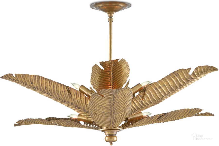 The appearance of Tropical Gold Semi-Flush Mount In Brass designed by Currey & Company in the modern / contemporary interior design. This brass piece of furniture  was selected by 1StopBedrooms from Tropical Collection to add a touch of cosiness and style into your home. Sku: 9000-0544. Product Type: Flush Mount. Material: Brass. Image1