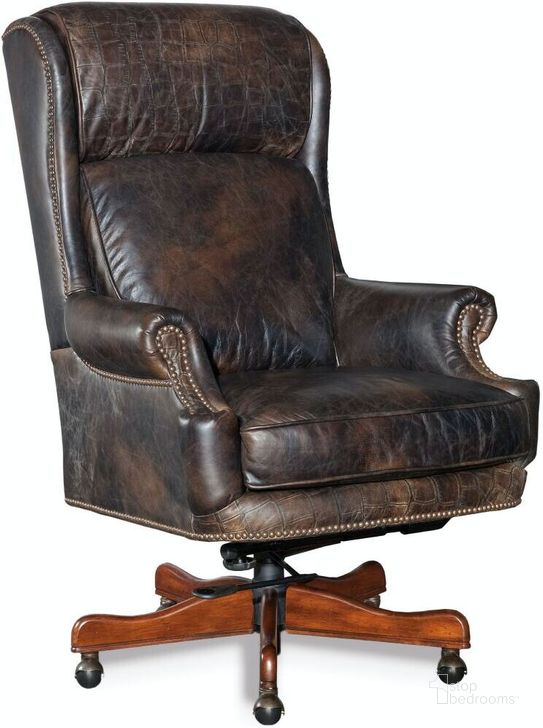 The appearance of Tucker Brown Leather Executive Swivel Tilt Chair designed by Hooker in the traditional interior design. This brown piece of furniture  was selected by 1StopBedrooms from Tucker Collection to add a touch of cosiness and style into your home. Sku: EC378-089. Material: Leather. Product Type: Executive Chair. Image1