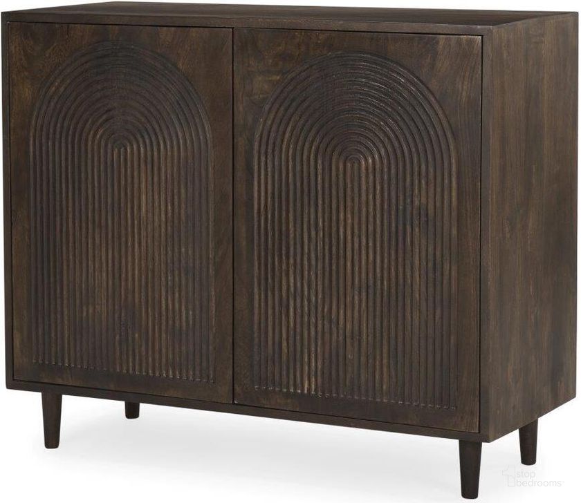 The appearance of Tucker Dark Brown Mid-Century Modern Rainbow 2 Door Cabinet designed by Mercana in the modern / contemporary interior design. This dark brown piece of furniture  was selected by 1StopBedrooms from Tucker Collection to add a touch of cosiness and style into your home. Sku: 69953. Material: Wood. Product Type: Accent Cabinet. Image1