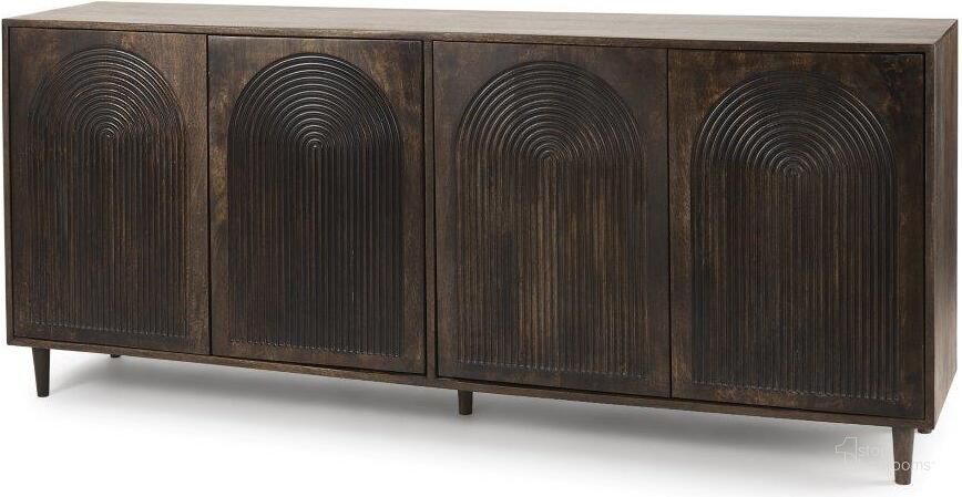 The appearance of Tucker Dark Brown Mid-Century Modern Rainbow 4 Door Sideboard designed by Mercana in the modern / contemporary interior design. This dark brown piece of furniture  was selected by 1StopBedrooms from Tucker Collection to add a touch of cosiness and style into your home. Sku: 69955. Material: Wood. Product Type: Sideboard. Image1