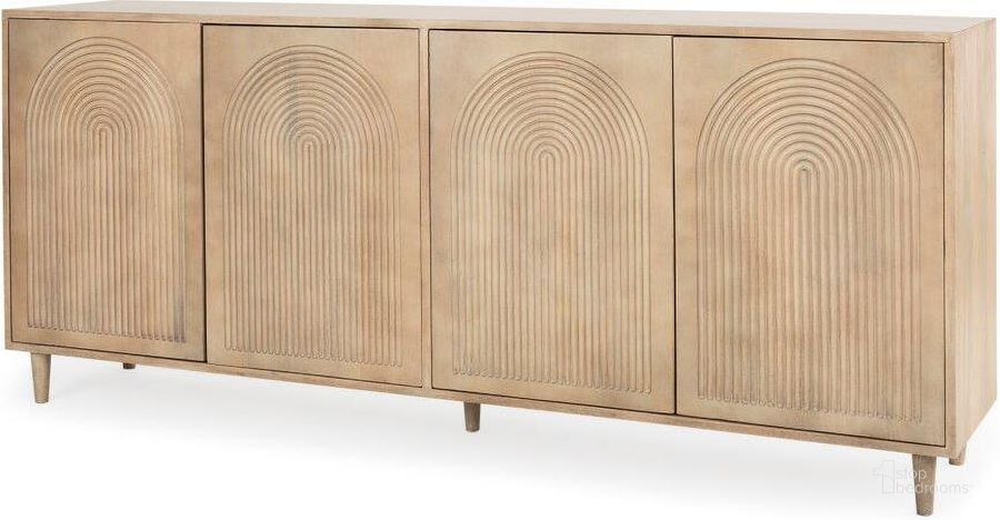 The appearance of Tucker Light Brown Wood Mid-Centruy Modern 4 Door Sideboard designed by Mercana in the modern / contemporary interior design. This light brown piece of furniture  was selected by 1StopBedrooms from Tucker Collection to add a touch of cosiness and style into your home. Sku: 69954. Material: Wood. Product Type: Sideboard. Image1