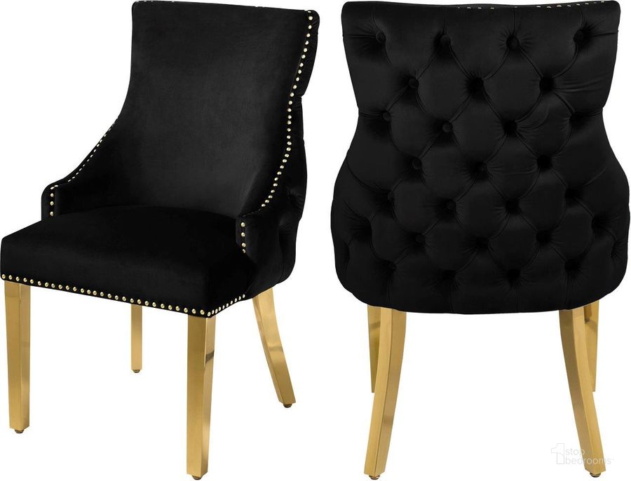 The appearance of Tuft Black Velvet Dining Chair Set of 2 designed by Meridian in the modern / contemporary interior design. This black velvet piece of furniture  was selected by 1StopBedrooms from Tuft Collection to add a touch of cosiness and style into your home. Sku: 730Black-C. Product Type: Dining Chair. Material: Stainless Steel. Image1