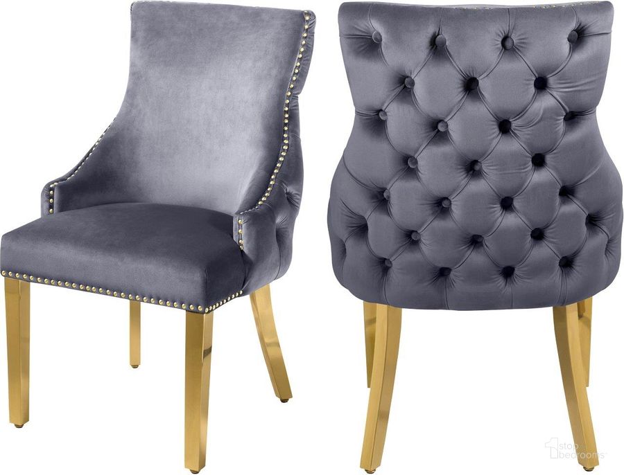 The appearance of Tuft Grey Velvet Dining Chair Set of 2 designed by Meridian in the modern / contemporary interior design. This grey velvet piece of furniture  was selected by 1StopBedrooms from Tuft Collection to add a touch of cosiness and style into your home. Sku: 730Grey-C. Product Type: Dining Chair. Material: Stainless Steel. Image1