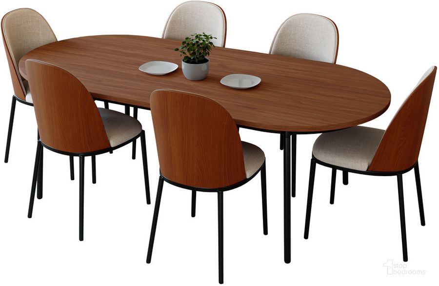 The appearance of Tule 7-Piece Dining Set in Steel Frame with 71" Oval Dining Table In Walnut and Beige designed by LeisureMod in the transitional interior design. This walnut and beige piece of furniture  was selected by 1StopBedrooms from Tule Collection to add a touch of cosiness and style into your home. Sku: TT70-CWN18-BG. Material: Wood. Product Type: Dining Room Set. Image1