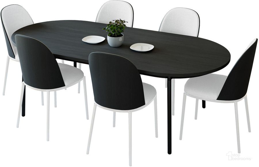 The appearance of Tule 7-Piece Dining Set in White Steel Frame with 71" Oval Dining Table In Black and White designed by LeisureMod in the transitional interior design. This black/white piece of furniture  was selected by 1StopBedrooms from Tule Collection to add a touch of cosiness and style into your home. Sku: TT70-WCBL18-W. Material: Wood. Product Type: Dining Room Set. Image1