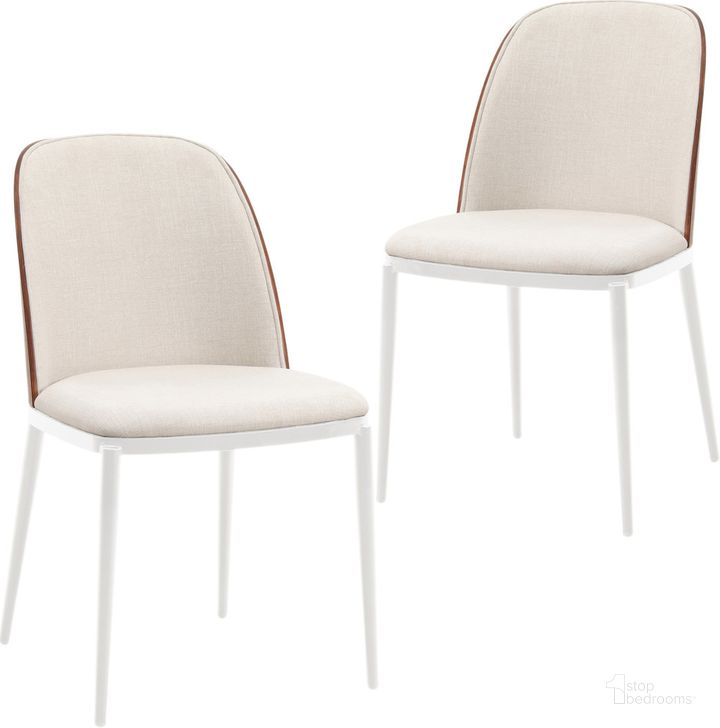 The appearance of Tule Dining Side Chair Set of 2 with Velvet Seat and White Steel Frame In Walnut and Beige designed by LeisureMod in the transitional interior design. This walnut and beige piece of furniture  was selected by 1StopBedrooms from Tule Collection to add a touch of cosiness and style into your home. Sku: TWCWN18BG2. Material: Wood. Product Type: Side Chair. Image1
