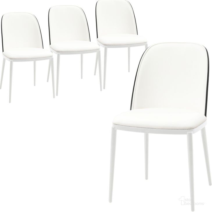 The appearance of Tule Dining Side Chair Set of 4 with Leather Seat and White Steel Frame In Black and White designed by LeisureMod in the transitional interior design. This white piece of furniture  was selected by 1StopBedrooms from Tule Collection to add a touch of cosiness and style into your home. Sku: TWCBL18W4. Material: Wood. Product Type: Side Chair. Image1