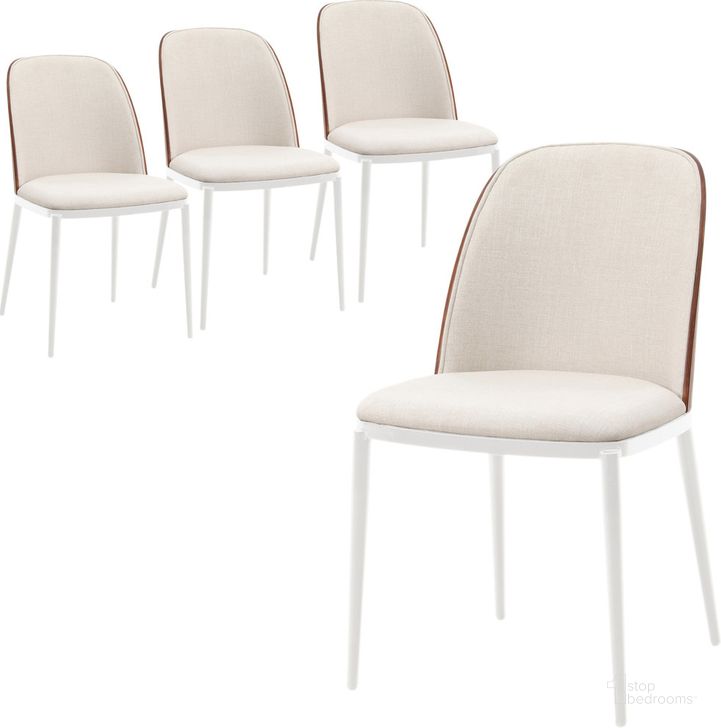 The appearance of Tule Dining Side Chair Set of 4 with Velvet Seat and White Steel Frame In Walnut and Beige designed by LeisureMod in the transitional interior design. This walnut and beige piece of furniture  was selected by 1StopBedrooms from Tule Collection to add a touch of cosiness and style into your home. Sku: TWCWN18BG4. Material: Wood. Product Type: Side Chair. Image1