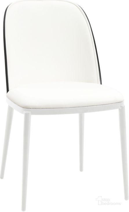 The appearance of Tule Dining Side Chair with Leather Seat and White Steel Frame In Black and White designed by LeisureMod in the transitional interior design. This white piece of furniture  was selected by 1StopBedrooms from Tule Collection to add a touch of cosiness and style into your home. Sku: TWCBL18W. Material: Wood. Product Type: Side Chair. Image1