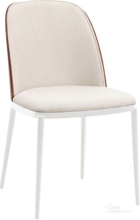 The appearance of Tule Fabric Dining Side Chair with White Steel Frame In Walnut and Beige designed by LeisureMod in the transitional interior design. This walnut and beige piece of furniture  was selected by 1StopBedrooms from Tule Collection to add a touch of cosiness and style into your home. Sku: TWCWN18BG. Material: Wood. Product Type: Side Chair. Image1