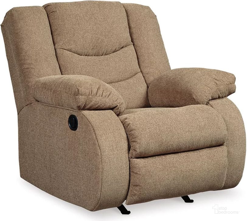 The appearance of Tulen Rocker Recliner In Mocha designed by Signature Design by Ashley in the modern / contemporary interior design. This mocha piece of furniture  was selected by 1StopBedrooms from Tulen Collection to add a touch of cosiness and style into your home. Sku: 9860425. Material: Fabric. Product Type: Rocker Recliner. Image1