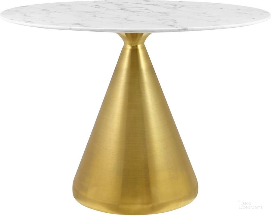 The appearance of Tupelo 42 Inch Oval Artificial Marble Dining Table In Gold and White designed by Modway in the modern / contemporary interior design. This gold and white piece of furniture  was selected by 1StopBedrooms from Tupelo Collection to add a touch of cosiness and style into your home. Sku: EEI-5322-GLD-WHI. Table Base Style: Pedestal. Table Top Shape: Oval. Product Type: Dining Table. Material: Stainless Steel. Size: 42". Image1