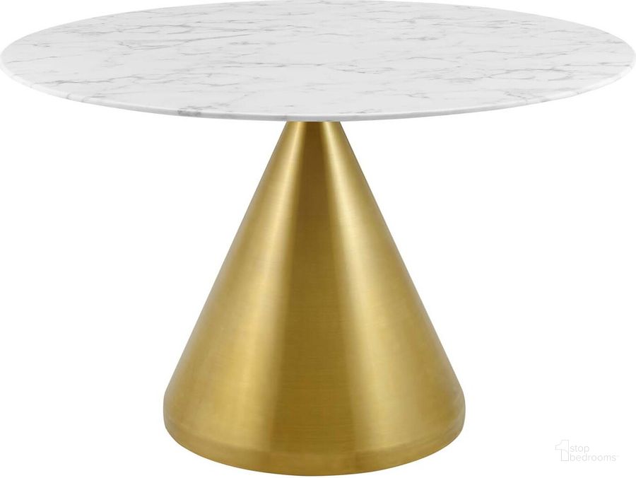 The appearance of Tupelo 47 Inch Artificial Marble Dining Table In Gold and White designed by Modway in the modern / contemporary interior design. This gold and white piece of furniture  was selected by 1StopBedrooms from Tupelo Collection to add a touch of cosiness and style into your home. Sku: EEI-5336-GLD-WHI. Table Base Style: Pedestal. Table Top Shape: Round. Product Type: Dining Table. Material: Stainless Steel. Size: 47". Image1