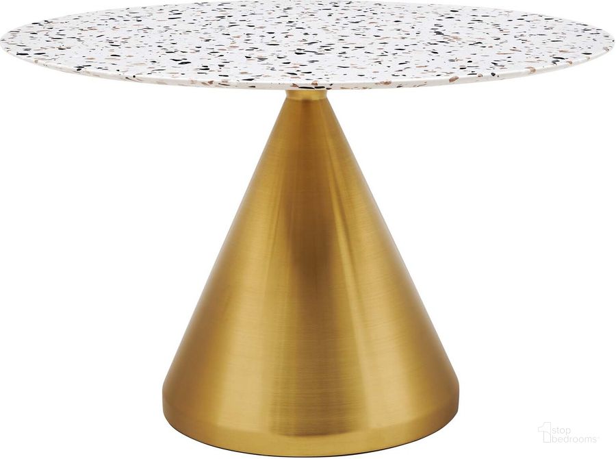 The appearance of Tupelo 47 Inch  Round Terrazzo Dining Table In Gold White designed by Modway in the modern / contemporary interior design. This gold white piece of furniture  was selected by 1StopBedrooms from Tupelo Collection to add a touch of cosiness and style into your home. Sku: EEI-5733-GLD-WHI. Table Base Style: Pedestal. Table Top Shape: Round. Material: Metal. Product Type: Dining Table. Size: 47". Image1