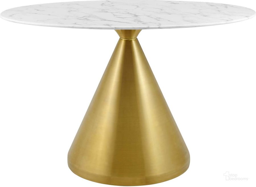 The appearance of Tupelo 48 Inch Oval Artificial Marble Dining Table In Gold and White designed by Modway in the modern / contemporary interior design. This gray and gold piece of furniture  was selected by 1StopBedrooms from Tupelo Collection to add a touch of cosiness and style into your home. Sku: EEI-5340-GLD-WHI. Table Base Style: Pedestal. Table Top Shape: Oval. Product Type: Dining Table. Material: Stainless Steel. Size: 48". Image1