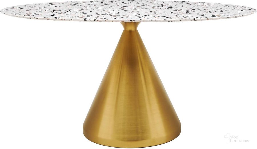 The appearance of Tupelo 60 Inch  Oval Terrazzo Dining Table In Gold White designed by Modway in the modern / contemporary interior design. This gold white piece of furniture  was selected by 1StopBedrooms from Tupelo Collection to add a touch of cosiness and style into your home. Sku: EEI-5739-GLD-WHI. Table Base Style: Pedestal. Table Top Shape: Oval. Product Type: Dining Table. Size: 60". Image1