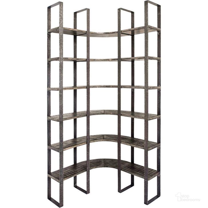 The appearance of Turner I Curved Brown Wood And Black Iron Six Shelving Unit designed by Mercana in the modern / contemporary interior design. This brown piece of furniture  was selected by 1StopBedrooms from Turner Collection to add a touch of cosiness and style into your home. Sku: 50241-AB. Material: Wood. Product Type: Bookcase. Image1