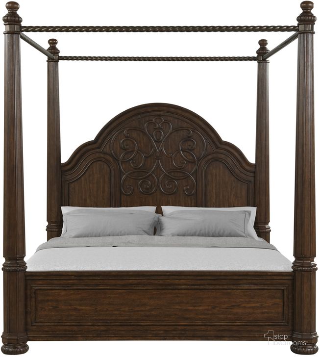 The appearance of Tuscany King Canopy Bed designed by Bernards in the modern / contemporary interior design. This mahogany piece of furniture  was selected by 1StopBedrooms from Tuscany Collection to add a touch of cosiness and style into your home. Sku: 321-113. Bed Type: Canopy Bed. Product Type: Canopy Bed. Bed Size: King. Material: Wood Veneer. Image1