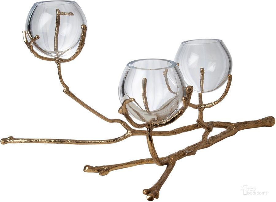 The appearance of Twig 3 Vase Holder In Brass designed by Global Views in the modern / contemporary interior design. This brass piece of furniture  was selected by 1StopBedrooms from Twig Collection to add a touch of cosiness and style into your home. Sku: 9.92654. Material: Glass. Product Type: Vase. Image1