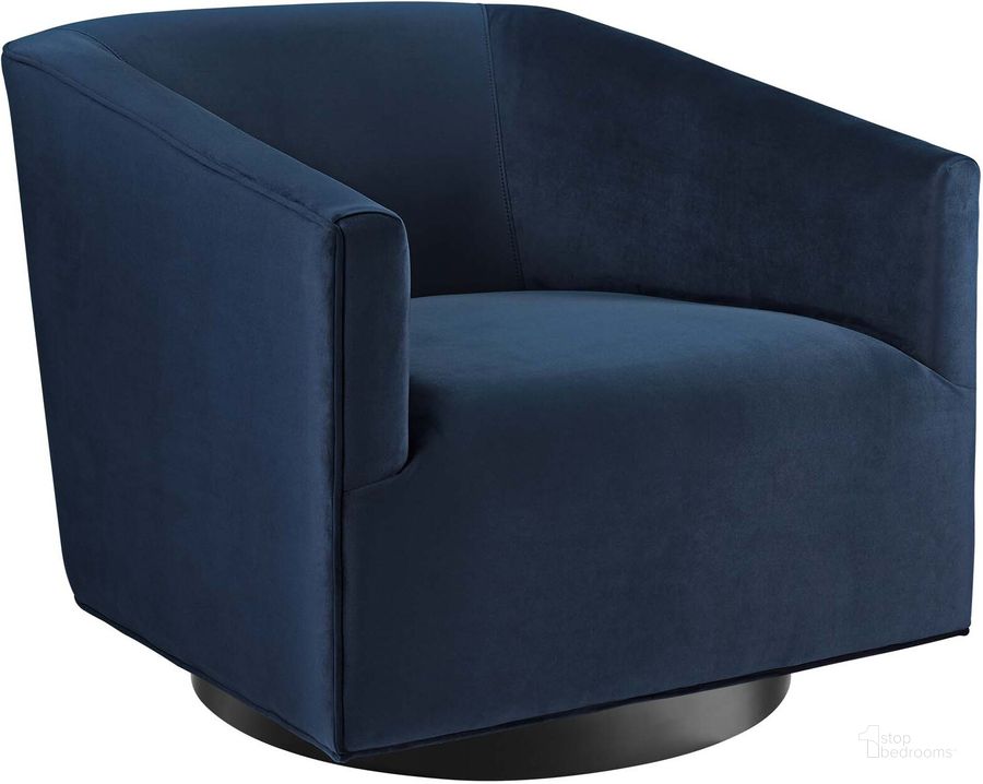 The appearance of Twist Midnight Blue Accent Lounge Performance Velvet Swivel Chair designed by Modway in the modern / contemporary interior design. This midnight blue piece of furniture  was selected by 1StopBedrooms from Twist Collection to add a touch of cosiness and style into your home. Sku: EEI-3456-MID. Material: Wood. Product Type: Swivel Chair. Image1