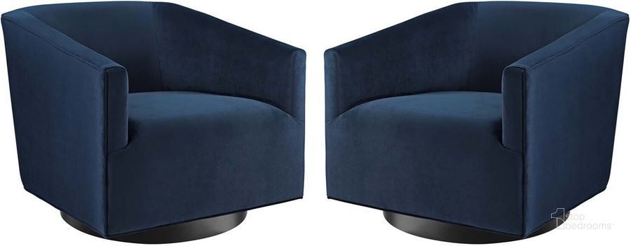 The appearance of Twist Swivel Chair Performance Velvet Set of 2 designed by Modway in the modern / contemporary interior design. This midnight blue piece of furniture  was selected by 1StopBedrooms from Twist Collection to add a touch of cosiness and style into your home. Sku: EEI-4427-MID. Material: Wood. Product Type: Swivel Chair. Image1