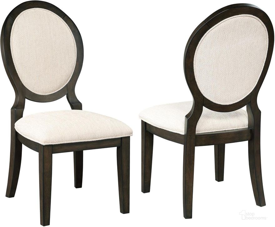 The appearance of Twyla Upholstered Oval Back Dining Side Chairs Set of 2 In Cream and Dark Cocoa designed by Coaster in the transitional interior design. This cream/dark cocoa piece of furniture  was selected by 1StopBedrooms from Twyla Collection to add a touch of cosiness and style into your home. Sku: 115102. Material: Wood. Product Type: Side Chair. Image1