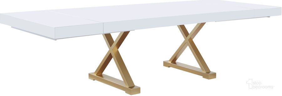 The appearance of Tyrion Rectangle Extendable Modern White Wood Dining Table In Brushed Gold designed by Best Master Furniture in the modern / contemporary interior design. This white piece of furniture  was selected by 1StopBedrooms from Tyrion Collection to add a touch of cosiness and style into your home. Sku: T1953T. Table Base Style: Trestle. Material: Wood. Product Type: Dining Table. Table Top Shape: Rectangular. Size: 104". Image1