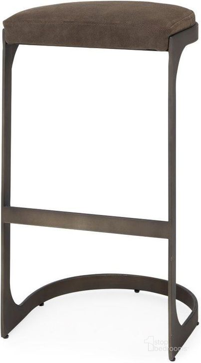 The appearance of Tyson Brown And Gray Suede With Metal Frame Bar Stool designed by Mercana in the modern / contemporary interior design. This brown and grey piece of furniture  was selected by 1StopBedrooms from Tyson Collection to add a touch of cosiness and style into your home. Sku: 69272. Material: Metal. Product Type: Barstool. Image1
