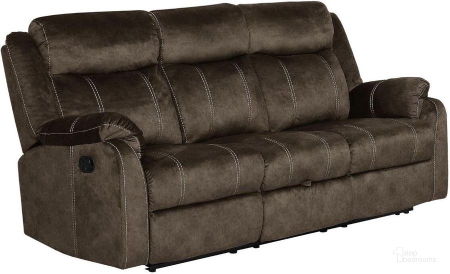 The appearance of Reclining Sofa With Drop Down Table And Drawer designed by Global Furniture USA in the transitional interior design. This brown piece of furniture  was selected by 1StopBedrooms from U7303C Collection to add a touch of cosiness and style into your home. Sku: U7303C-DOMINO COFFEE-RS W/DDT. Material: Wood. Product Type: Sofa. Image1