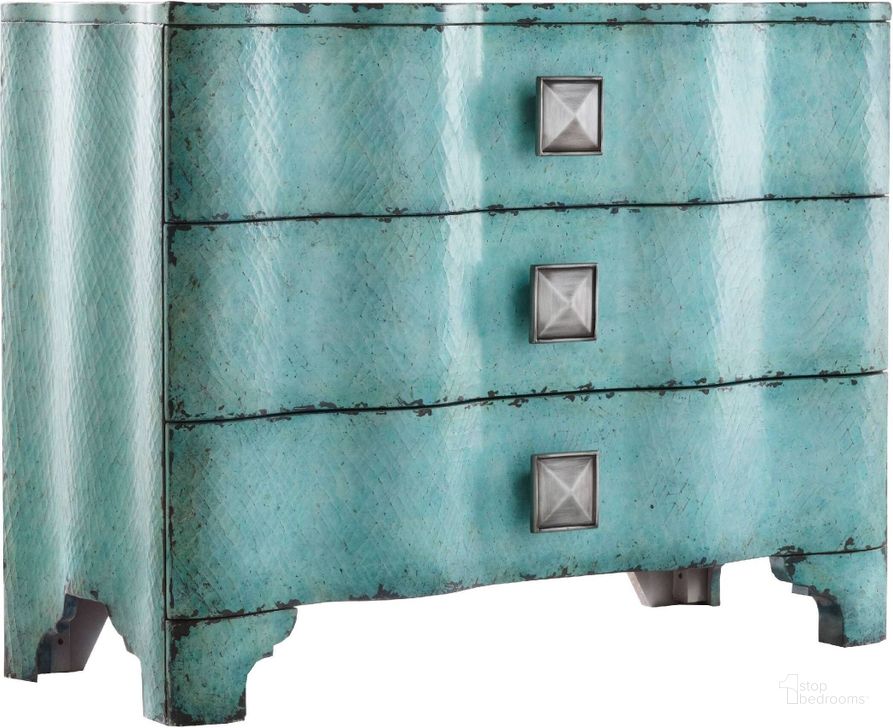 The appearance of Melange Turquoise Crackle Chest designed by Hooker in the traditional interior design. This blue piece of furniture  was selected by 1StopBedrooms from Melange Collection to add a touch of cosiness and style into your home. Sku: 638-85016. Material: Wood. Product Type: Accent Chest. Image1