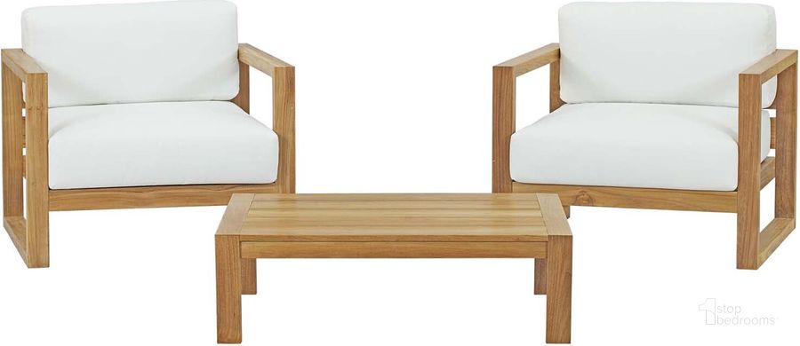 The appearance of Upland 3 Piece Outdoor Patio Teak Set In Natural White EEI-3114-NAT-WHI-SET designed by Modway in the modern / contemporary interior design. This natural white piece of furniture  was selected by 1StopBedrooms from Upland Collection to add a touch of cosiness and style into your home. Sku: EEI-3114-NAT-WHI-SET. Material: Wood. Product Type: Outdoor Conversation Set. Image1