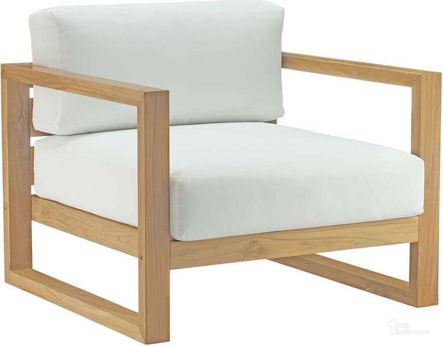The appearance of Upland White Outdoor Patio Teak Arm Chair designed by Modway in the modern / contemporary interior design. This white piece of furniture  was selected by 1StopBedrooms from Upland Collection to add a touch of cosiness and style into your home. Sku: EEI-2706-NAT-WHI. Material: Wood. Product Type: Outdoor Dining Chair. Image1