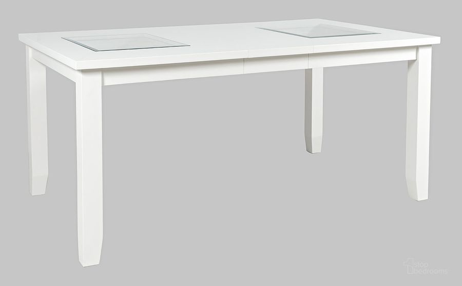 The appearance of Urban Icon 66 Inch Extension Glass Inlay Dining Table In White designed by Jofran in the modern / contemporary interior design. This white piece of furniture  was selected by 1StopBedrooms from Urban Icon Collection to add a touch of cosiness and style into your home. Sku: 2003-66. Table Base Style: Legs. Material: Wood. Product Type: Dining Table. Table Top Shape: Rectangular. Size: 66". Image1