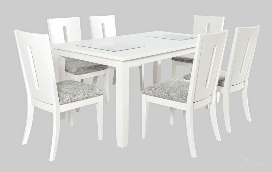 The appearance of Urban Icon Contemporary 66 Inch Seven-Piece Dining Set With Upholstered Chairs In White designed by Jofran in the modern / contemporary interior design. This white piece of furniture  was selected by 1StopBedrooms from Urban Icon Collection to add a touch of cosiness and style into your home. Sku: 2003-66D-7. Product Type: Dining Room Set. Material: MDF. Image1