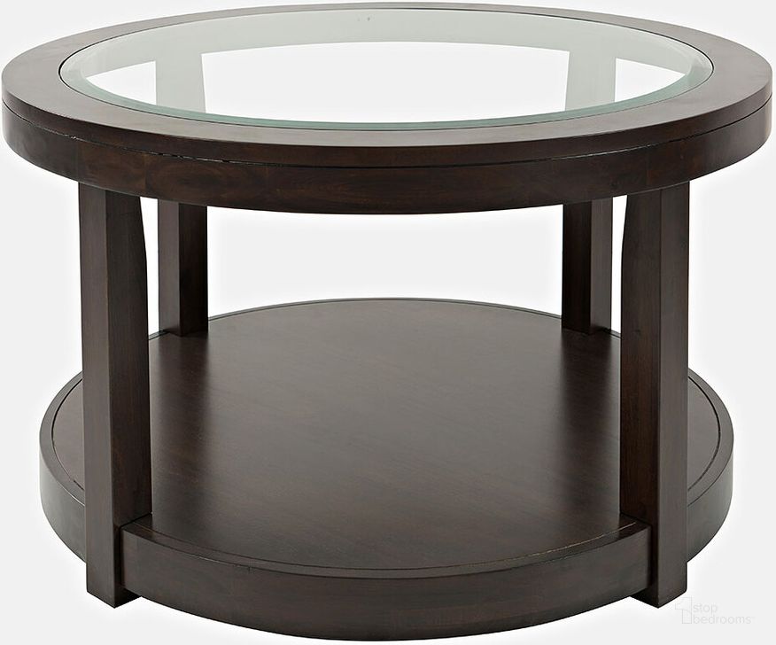 The appearance of Urban Icon Round Glass Inlay Coffee Table In Merlot designed by Jofran in the modern / contemporary interior design. This merlot piece of furniture  was selected by 1StopBedrooms from Urban Icon Collection to add a touch of cosiness and style into your home. Sku: 2002-2. Material: Wood. Product Type: Coffee Table. Image1