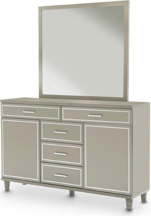 The appearance of Urban Place Dove Grey Dresser Mirror designed by AICO in the modern / contemporary interior design. This dove grey piece of furniture  was selected by 1StopBedrooms from Urban Place Collection to add a touch of cosiness and style into your home. Sku: 9027660-803. Product Type: Dresser Mirror.