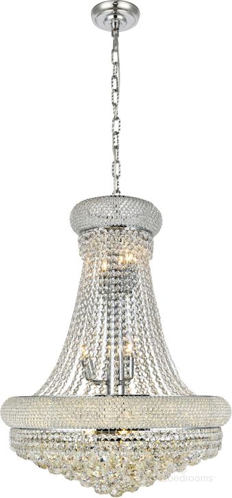 The appearance of Primo 24 Chrome 14 Light Chandelier With Clear Royal Cut Crystal Trim designed by Elegant Lighting in the modern / contemporary interior design. This chrome piece of furniture  was selected by 1StopBedrooms from Primo Collection to add a touch of cosiness and style into your home. Sku: V1800D24C/RC. Product Type: Chandelier. Material: Crystal.