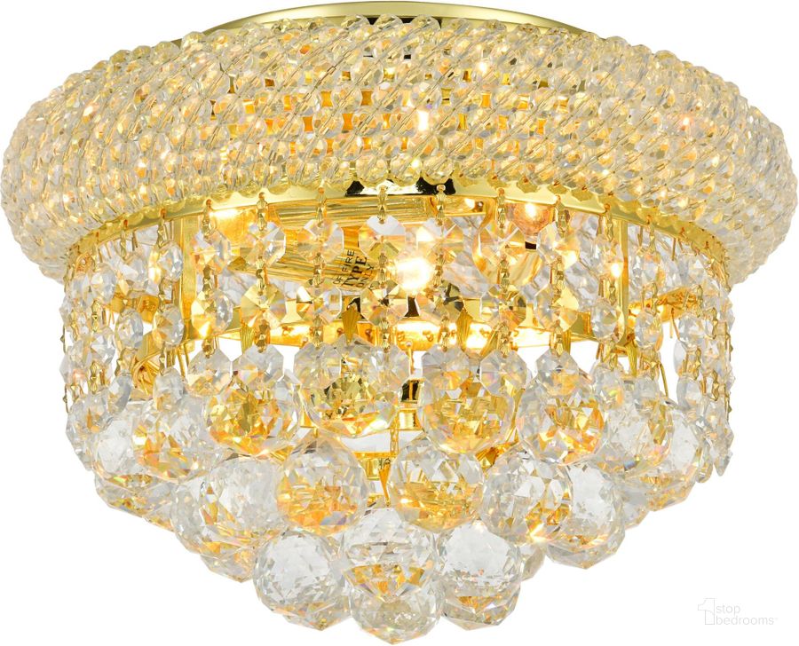 The appearance of Primo 10 Gold 3 Light Flush Mount With Clear Royal Cut Crystal Trim designed by Elegant Lighting in the modern / contemporary interior design. This gold piece of furniture  was selected by 1StopBedrooms from Primo Collection to add a touch of cosiness and style into your home. Sku: V1800F10G/RC. Material: Steel. Product Type: Flush Mount.