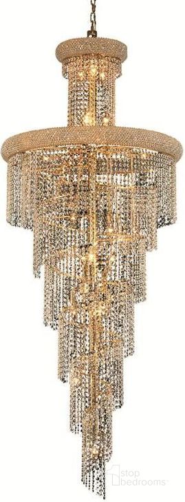 The appearance of Spiral 30 Gold 28 Light Chandelier With Clear Royal Cut Crystal Trim designed by Elegant Lighting in the modern / contemporary interior design. This gold piece of furniture  was selected by 1StopBedrooms from Spiral Collection to add a touch of cosiness and style into your home. Sku: V1800SR30G/RC. Product Type: Chandelier. Material: Crystal.