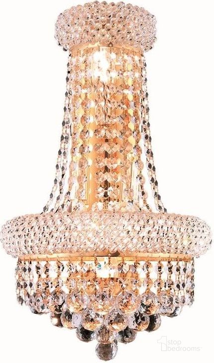The appearance of Primo 12 Gold 4 Light Wall Sconce With Clear Royal Cut Crystal Trim designed by Elegant Lighting in the modern / contemporary interior design. This gold piece of furniture  was selected by 1StopBedrooms from Primo Collection to add a touch of cosiness and style into your home. Sku: V1800W12SG/RC. Material: Steel. Product Type: Wall Sconce.