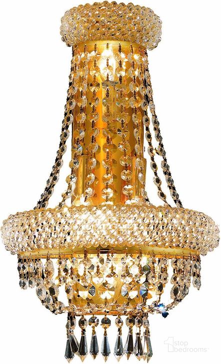 The appearance of V1803W12SG/RC Primo 12 Gold 4 Light Wall Sconce With Clear Royal Cut Crystal Trim designed by Elegant Lighting in the modern / contemporary interior design. This gold piece of furniture  was selected by 1StopBedrooms from Primo Collection to add a touch of cosiness and style into your home. Sku: V1803W12SG/RC. Material: Steel. Product Type: Wall Sconce.