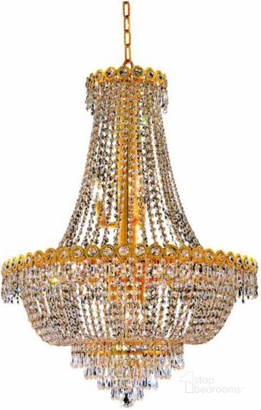 The appearance of Century 24 Gold 12 Light Chandelier With Clear Royal Cut Crystal Trim designed by Elegant Lighting in the modern / contemporary interior design. This gold piece of furniture  was selected by 1StopBedrooms from Century Collection to add a touch of cosiness and style into your home. Sku: V1900D24G/RC. Product Type: Chandelier. Material: Crystal.