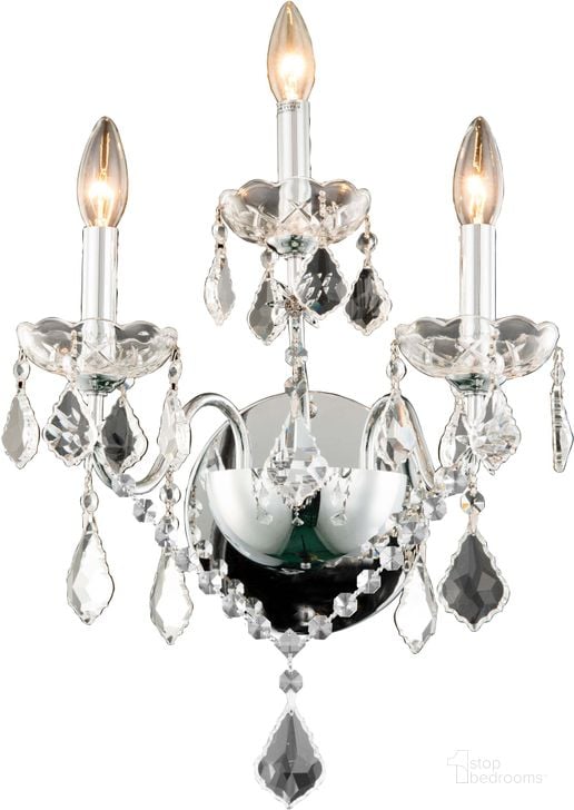 The appearance of St. Francis 13 Chrome 3 Light Wall Sconce With Clear Royal Cut Crystal Trim designed by Elegant Lighting in the modern / contemporary interior design. This chrome piece of furniture  was selected by 1StopBedrooms from St. Francis Collection to add a touch of cosiness and style into your home. Sku: V2015W3C/RC. Material: Steel. Product Type: Wall Sconce.