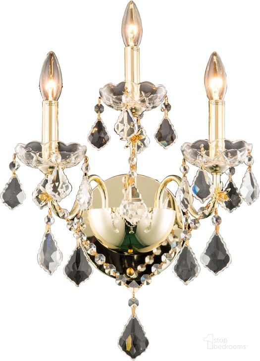 The appearance of St. Francis 13 Gold 3 Light Wall Sconce With Clear Royal Cut Crystal Trim designed by Elegant Lighting in the modern / contemporary interior design. This gold piece of furniture  was selected by 1StopBedrooms from St. Francis Collection to add a touch of cosiness and style into your home. Sku: V2015W3G/RC. Material: Steel. Product Type: Wall Sconce.
