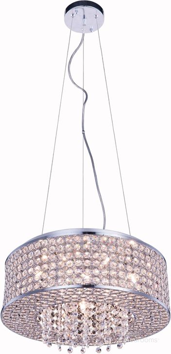 The appearance of Amelie 16 Chrome 6 Light Pendant With Clear Royal Cut Crystal Trim designed by Elegant Lighting in the modern / contemporary interior design. This chrome piece of furniture  was selected by 1StopBedrooms from Amelie Collection to add a touch of cosiness and style into your home. Sku: V2914D16C/RC. Product Type: Pendant Lighting. Material: Crystal.