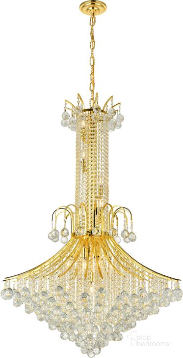 The appearance of Toureg 35" Gold 16 Light Chandelier With Clear Royal Cut Crystal Trim designed by Elegant Lighting in the modern / contemporary interior design. This gold piece of furniture  was selected by 1StopBedrooms from Toureg Collection to add a touch of cosiness and style into your home. Sku: V8006G35G/RC. Material: Steel. Product Type: Chandelier. Image1