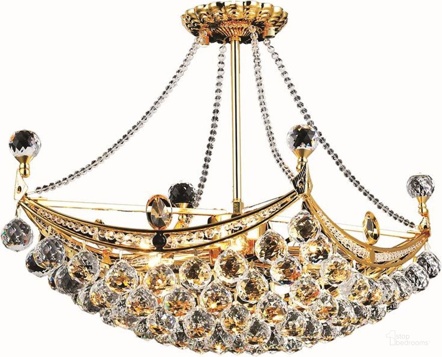 The appearance of Corona 14 Gold 6 Light Chandelier With Clear Royal Cut Crystal Trim designed by Elegant Lighting in the modern / contemporary interior design. This gold piece of furniture  was selected by 1StopBedrooms from Corona Collection to add a touch of cosiness and style into your home. Sku: V9800D24G/RC. Product Type: Chandelier. Material: Crystal.