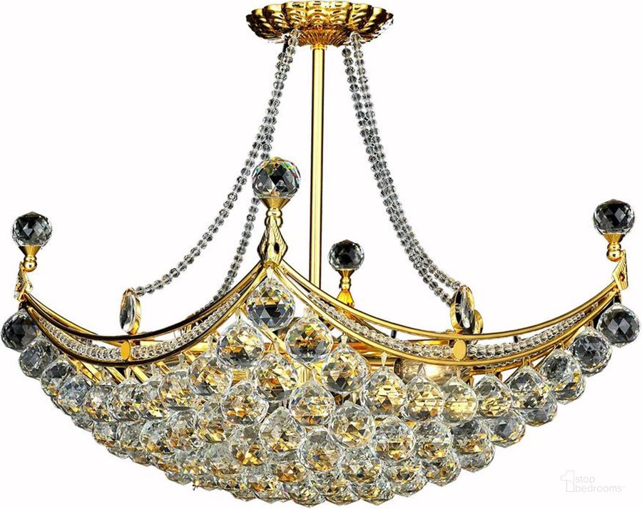 The appearance of Corona 16 Gold 8 Light Chandelier With Clear Royal Cut Crystal Trim designed by Elegant Lighting in the modern / contemporary interior design. This gold piece of furniture  was selected by 1StopBedrooms from Corona Collection to add a touch of cosiness and style into your home. Sku: V9800D28G/RC. Product Type: Chandelier. Material: Crystal.